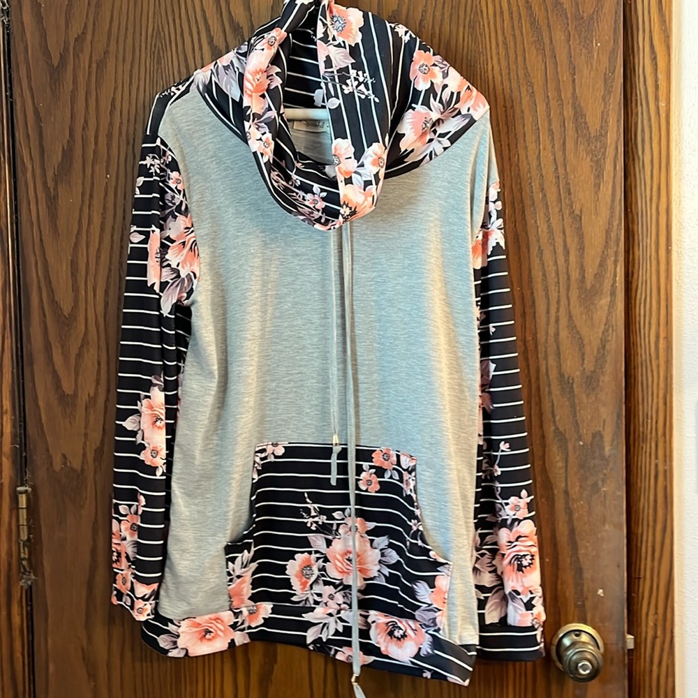 Cowl neck hoodie.